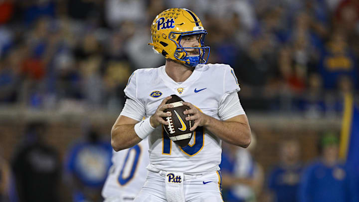 Nov 2, 2024; Dallas, Texas, USA; Pittsburgh Panthers quarterback Eli Holstein (10) in action during the game between the Southern Methodist Mustangs and the Pittsburgh Panthers at Gerald J. Ford Stadium. Mandatory Credit: Jerome Miron-Imagn Images