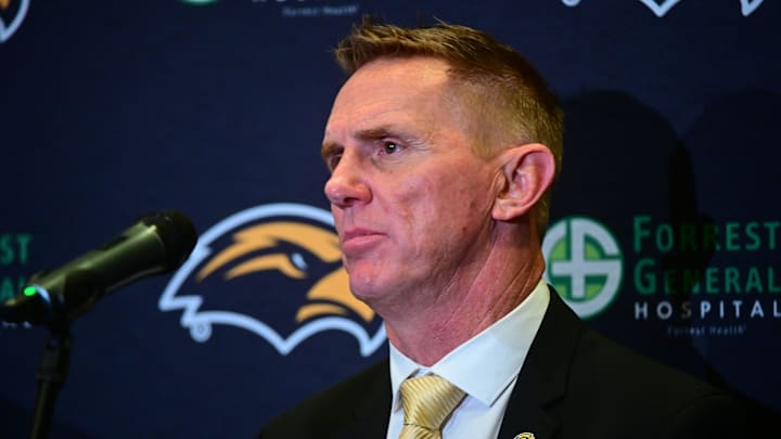 Blake Anderson speaks to the media after being announced as the new head football coach for the Golden Eagles at the Thad Cochran Center on the campus of the University of Southern Mississippi on Monday, Dec. 15, 2025.