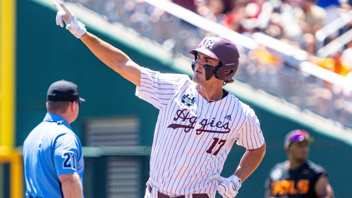 Jun 23, 2024; Omaha, NE, USA; Texas A&M Aggies right fielder Jace Laviolette (17) celebrates after hitting a home run against the Tennessee Volunteers during the first inning at Charles Schwab Field Omaha. Mandatory Credit: Dylan Widger-Imagn Images