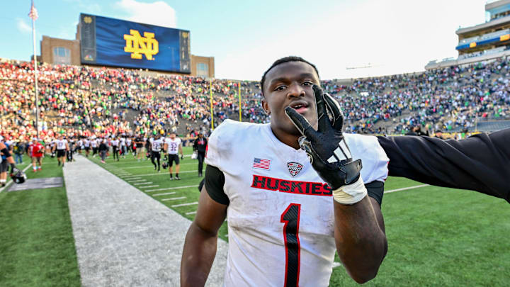 Sep 7, 2024; South Bend, Indiana, USA; Northern Illinois Huskies running back Antario Brown (1) celebrates after the Huskies defeated the Notre Dame Fighting Irish 16-14 at Notre Dame Stadium. Sep 7, 2024; South Bend, Indiana, USA; Northern Illinois Huskies running back Antario Brown (1) celebrates after the Huskies defeated the Notre Dame Fighting Irish 16-14 at Notre Dame Stadium.
