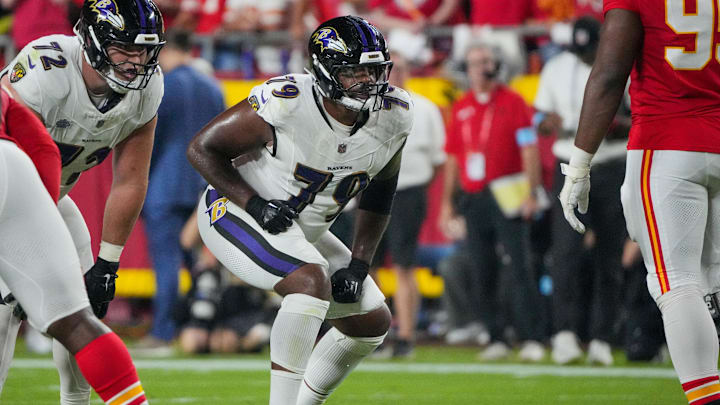 Sep 5, 2024; Kansas City, Missouri, USA; Baltimore Ravens offensive tackle Ronnie Stanley (79) at the line of scrimmage against the Kansas City Chiefs during the game at GEHA Field at Arrowhead Stadium. Sep 5, 2024; Kansas City, Missouri, USA; Baltimore Ravens offensive tackle Ronnie Stanley (79) at the line of scrimmage against the Kansas City Chiefs during the game at GEHA Field at Arrowhead Stadium.