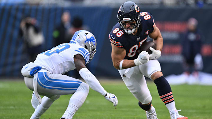 Former Detroit Lions cornerback Jerry Jacobs (23) closes in to make the tackle on Chicago Bears tight end Cole Kmet (85) 