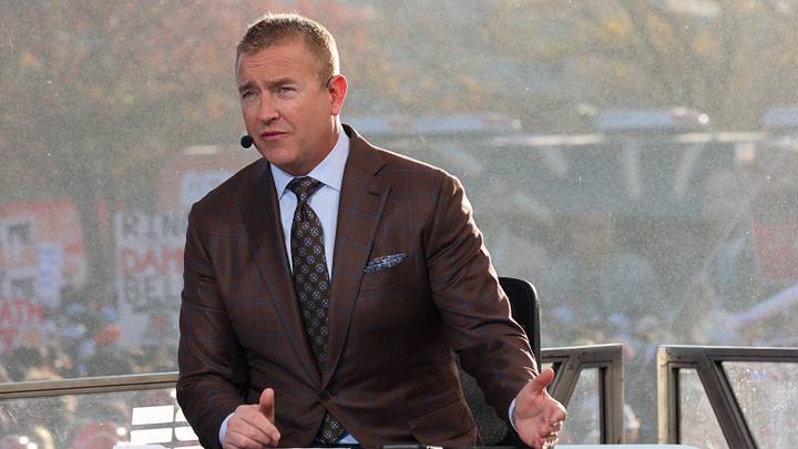Analyst Kirk Herbstreit speaks during the ESPN College GameDay live broadcast on the Texas Tech University campus on Nov. 8, 2025 in Lubbock, Texas.