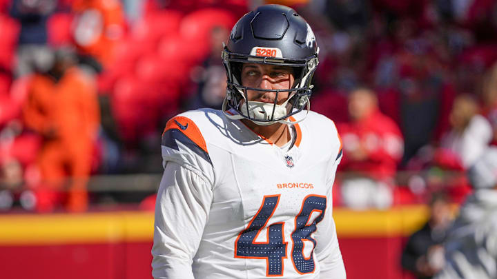 Nov 10, 2024; Kansas City, Missouri, USA; Denver Broncos long snapper Mitchell Fraboni (48) warms up against the Kansas City Chiefs prior to a game at GEHA Field at Arrowhead Stadium. Nov 10, 2024; Kansas City, Missouri, USA; Denver Broncos long snapper Mitchell Fraboni (48) warms up against the Kansas City Chiefs prior to a game at GEHA Field at Arrowhead Stadium.