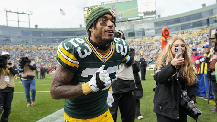 Oct 13, 2024; Green Bay, Wisconsin, USA;  Green Bay Packers cornerback Jaire Alexander (23) following the game against the Arizona Cardinals at Lambeau Field. Mandatory Credit: Jeff Hanisch-Imagn Images