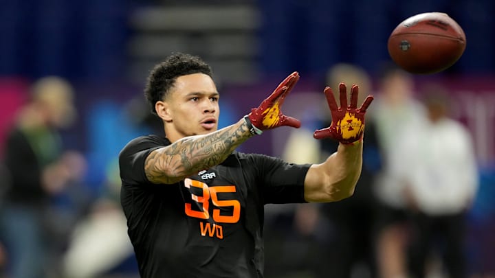 Mar 1, 2025; Indianapolis, IN, USA; Iowa Staet wideout Jaylin Noel (WO35) during the 2025 NFL Combine at Lucas Oil Stadium. Mandatory Credit: Kirby Lee-Imagn Images Mar 1, 2025; Indianapolis, IN, USA; Iowa Staet wideout Jaylin Noel (WO35) during the 2025 NFL Combine at Lucas Oil Stadium. Mandatory Credit: Kirby Lee-Imagn Images