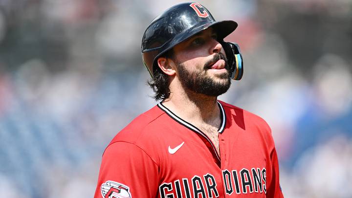 Jun 10, 2026: Cleveland Guardians catcher Austin Hedges (27) reacts after being thrown out at third base during the ninth inning against the New York Yankees at Progressive Field. Credit: Ken Blaze-Imagn Images