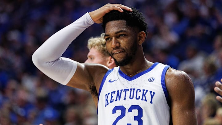 Nov 14, 2025; Lexington, Kentucky, USA; Kentucky Wildcats forward Mouhamed Dioubate (23) gestures from the bench during the second half against the Eastern Illinois Panthers at Rupp Arena at Central Bank Center. Mandatory Credit: Jordan Prather-Imagn Images
