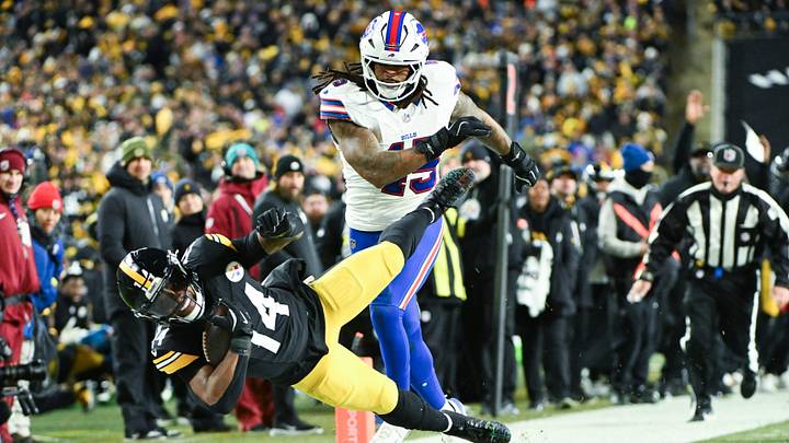 Pittsburgh Steelers running back Kenneth Gainwell (14) is tackled out of bounds by Buffalo Bills linebacker Shaq Thompson (45) during the second quarter at Acrisure Stadium. Mandatory Credit: Barry Reeger-Imagn Images Pittsburgh Steelers running back Kenneth Gainwell (14) is tackled out of bounds by Buffalo Bills linebacker Shaq Thompson (45) during the second quarter at Acrisure Stadium. Mandatory Credit: Barry Reeger-Imagn Images