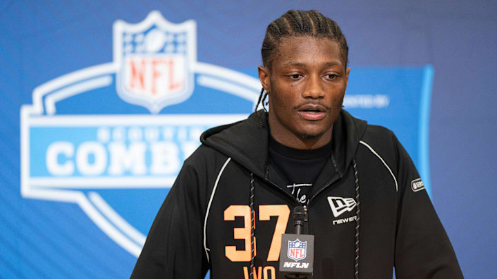 Feb 27, 2026; Indianapolis, IN, USA; Ohio State wideout Carnell Tate (WO37) speaks to members of the media during the NFL Combine at the Indiana Convention Center. Mandatory Credit: Jacob Musselman-Imagn Images Feb 27, 2026; Indianapolis, IN, USA; Ohio State wideout Carnell Tate (WO37) speaks to members of the media during the NFL Combine at the Indiana Convention Center. Mandatory Credit: Jacob Musselman-Imagn Images