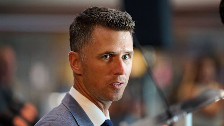 Oct 1, 2024; San Francisco, CA, USA; San Francisco Giants president of baseball operations Buster Posey speaks with the media after an introductory press conference at Oracle Park.  Mandatory Credit: Robert Edwards-Imagn Images