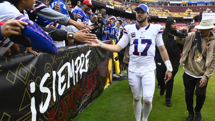 Sep 24, 2023; Landover, Maryland, USA; Buffalo Bills quarterback Josh Allen (17) celebrates with