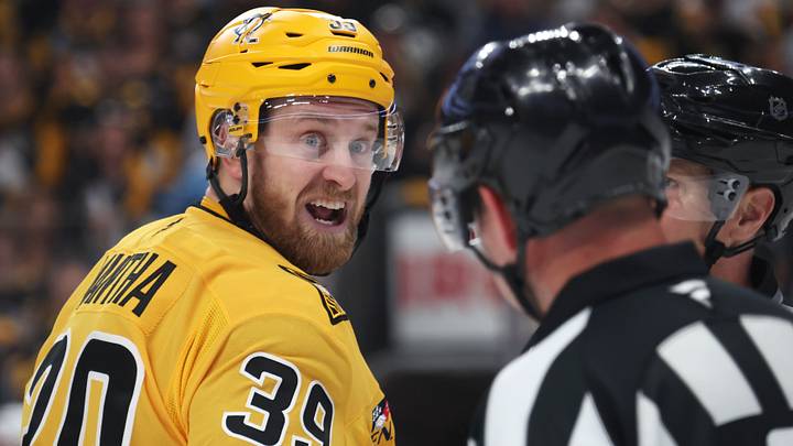 Pittsburgh Penguins right wing Anthony Mantha (39) reacts to the officials against the Philadelphia Flyers during the first period in game five of the first round of the 2026 Stanley Cup Playoffs at PPG Paints Arena. Mandatory Credit: Charles LeClaire-Imagn Images