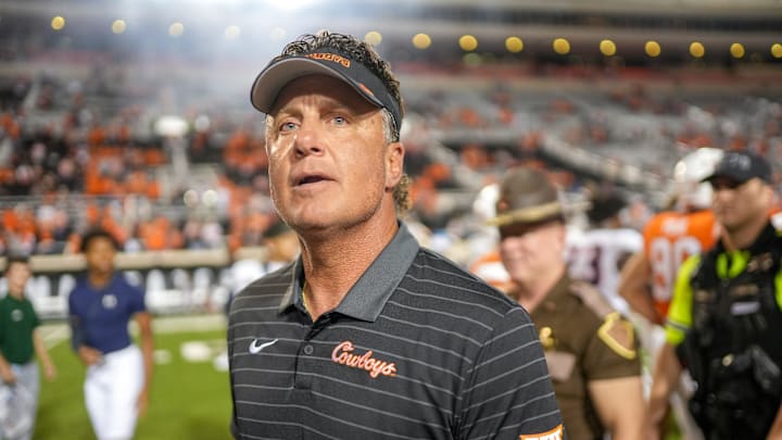 Oklahoma State head coach Mike Gundy walks off the field after an NCAA football game between Oklahoma State (OSU) and UT Martin in Stillwater, Okla., on Thursday, Aug. 28, 2025. Oklahoma State head coach Mike Gundy walks off the field after an NCAA football game between Oklahoma State (OSU) and UT Martin in Stillwater, Okla., on Thursday, Aug. 28, 2025.