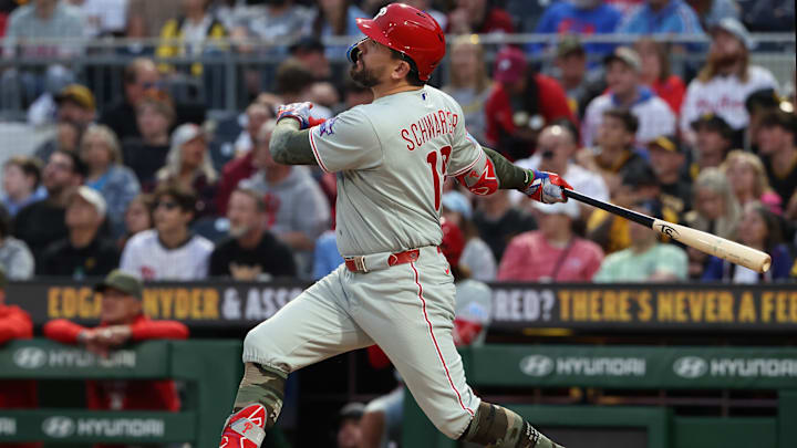 May 15, 2026; Pittsburgh, Pennsylvania, USA; Philadelphia Phillies designated hitter Kyle Schwarber (12) hits a two run home run against the Pittsburgh Pirates during the fifth inning at PNC Park. May 15, 2026; Pittsburgh, Pennsylvania, USA; Philadelphia Phillies designated hitter Kyle Schwarber (12) hits a two run home run against the Pittsburgh Pirates during the fifth inning at PNC Park.