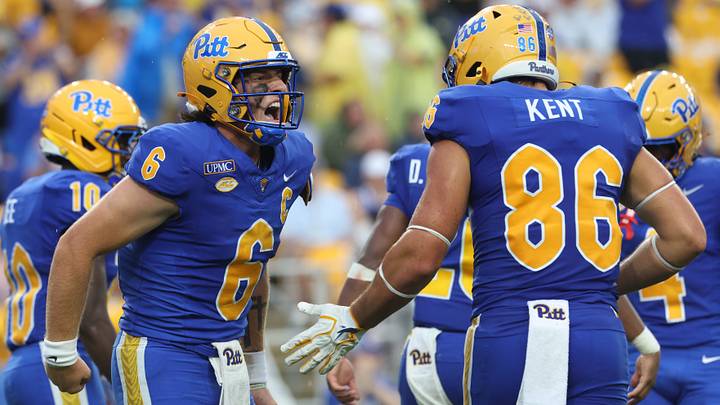 Sep 12, 2026; Pittsburgh, Pennsylvania, USA; Pittsburgh Panthers quarterback Mason Heintschel (6) and tight end Carson Kent (86) react after a Panthers touchdown against the UCF Knights during the second quarter at Acrisure Stadium. Mandatory Credit: Charles LeClaire-Imagn Images Sep 12, 2026; Pittsburgh, Pennsylvania, USA; Pittsburgh Panthers quarterback Mason Heintschel (6) and tight end Carson Kent (86) react after a Panthers touchdown against the UCF Knights during the second quarter at Acrisure Stadium. Mandatory Credit: Charles LeClaire-Imagn Images