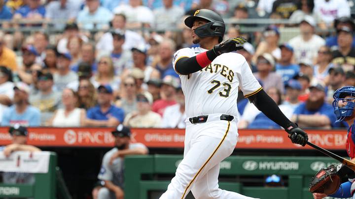 Jul 26, 2026; Pittsburgh, Pennsylvania, USA; Pittsburgh Pirates catcher Shawn Ross (73) hits a two run home run to record his first major league hit during the second inning against the Chicago Cubs at PNC Park. Mandatory Credit: Charles LeClaire-Imagn Images Jul 26, 2026; Pittsburgh, Pennsylvania, USA; Pittsburgh Pirates catcher Shawn Ross (73) hits a two run home run to record his first major league hit during the second inning against the Chicago Cubs at PNC Park. Mandatory Credit: Charles LeClaire-Imagn Images