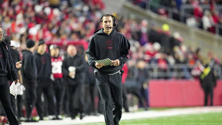 Nov 8, 2025; Madison, Wisconsin, USA;  Wisconsin Badgers head coach Luke Fickell looks on during the second quarter against the Washington Huskies at Camp Randall Stadium. Mandatory Credit: Jeff Hanisch-Imagn Images