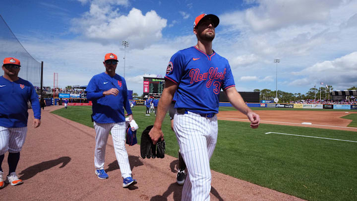 Feb 22, 2025; Port St. Lucie, Florida, USA; New York Mets pitcher Clay Holmes (35) walks in from the bullpen area before the game against the Houston Astros at Clover Park. Mandatory Credit: Jim Rassol-Imagn Images