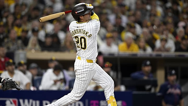 San Diego Padres catcher Kyle Higashioka hits a home run against the Atlanta Braves in a Wild Card game on Tuesday at Petco Park.