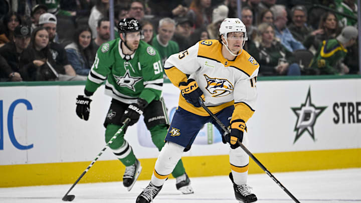 Jan 6, 2024; Dallas, Texas, USA; Nashville Predators right wing Denis Gurianov (15) skates with the