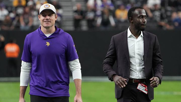 Dec 10, 2023; Paradise, Nevada, USA; Minnesota Vikings coach Kevin O'Connell (left) and general manager Kwesi Adofo-Mensah react during the game against the Minnesota Vikings at Allegiant Stadium. Mandatory Credit: Kirby Lee-Imagn Images Dec 10, 2023; Paradise, Nevada, USA; Minnesota Vikings coach Kevin O'Connell (left) and general manager Kwesi Adofo-Mensah react during the game against the Minnesota Vikings at Allegiant Stadium. Mandatory Credit: Kirby Lee-Imagn Images