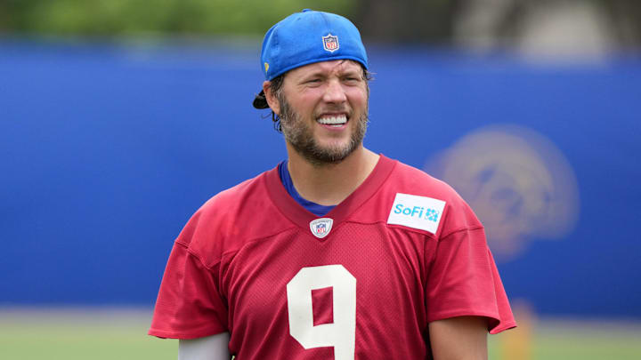 Jun 3, 2025; Woodland Hills, CA, USA; Los Angeles Rams quarterback Matthew Stafford (9) during organized team activities at Rams Practice Facility. Mandatory Credit: Kirby Lee-Imagn Images