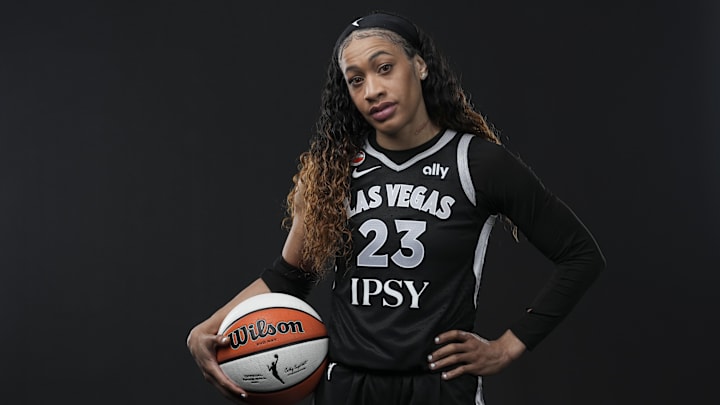 Apr 28, 2026; Las Vegas, NV, USA; Las Vegas Aces guard Chennedy Carter (23) poses for a photo during the 2026 Las Vegas Aces Media Day.Mandatory Credit: Lucas Peltier-Imagn Images Apr 28, 2026; Las Vegas, NV, USA; Las Vegas Aces guard Chennedy Carter (23) poses for a photo during the 2026 Las Vegas Aces Media Day.Mandatory Credit: Lucas Peltier-Imagn Images