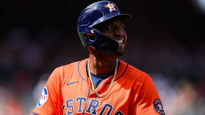 Sep 28, 2025; Anaheim, California, USA; Houston Astros designated hitter Jesus Sanchez (4) looks on after being picked off at first during the fifth inning against the Los Angeles Angels at Angel Stadium. Mandatory Credit: William Liang-Imagn Images