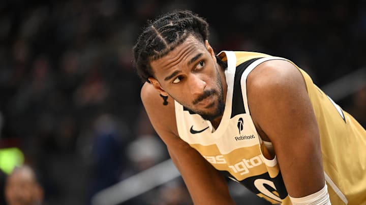 Feb 8, 2026; Washington, District of Columbia, USA;  Washington Wizards center Alex Sarr (20) looks up during a free throw against the Miami Heat during the third quarter at Capital One Arena. Mandatory Credit: Rafael Suanes-Imagn Images