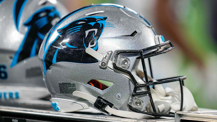 Aug 21, 2021; Charlotte, North Carolina, USA; Carolina Panthers helmet during the second half against the Baltimore Ravens at Bank of America Stadium. Mandatory Credit: Jim Dedmon-Imagn Images