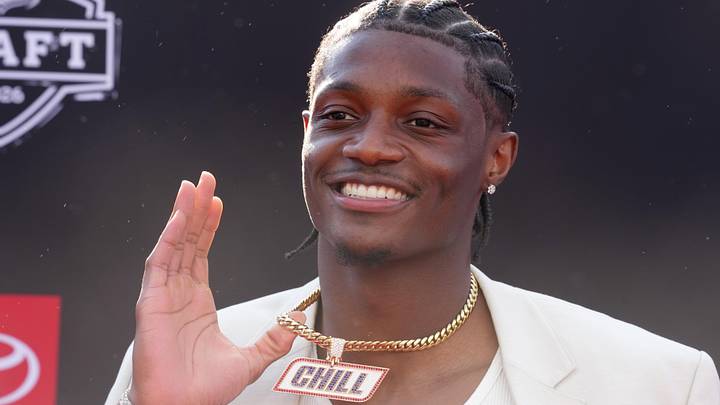 Apr 23, 2026; Pittsburgh, PA, USA; Ohio State Buckeyes receiver Carnell Tate poses on the red carpet before the 2026 NFL Draft at Point State Park. Mandatory Credit: Kirby Lee-Imagn Images Apr 23, 2026; Pittsburgh, PA, USA; Ohio State Buckeyes receiver Carnell Tate poses on the red carpet before the 2026 NFL Draft at Point State Park. Mandatory Credit: Kirby Lee-Imagn Images