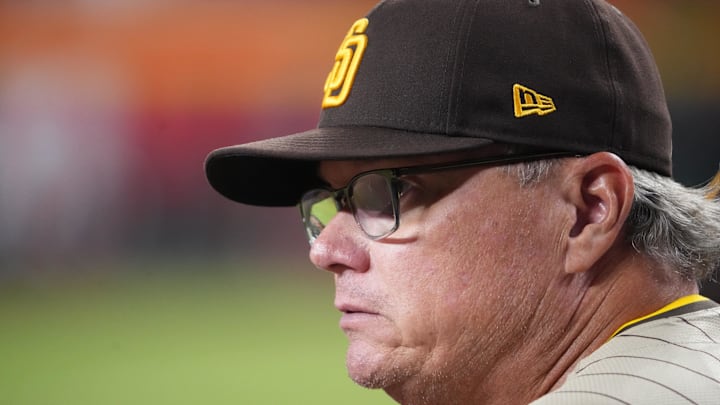 Padres manager Mike Shildt (8) looks on against the Arizona Diamondbacks during the second inning at Chase Field on Aug. 6. Padres manager Mike Shildt (8) looks on against the Arizona Diamondbacks during the second inning at Chase Field on Aug. 6.