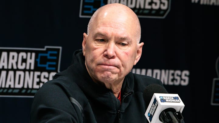 Mar 18, 2026; Oklahoma City, OK, USA; Saint Mary's Gaels head coach Randy Bennett gives an interview prior to a practice session ahead of the first round of the men's 2026 NCAA Tournament at Paycom Center. Mandatory Credit: William Purnell-Imagn Images