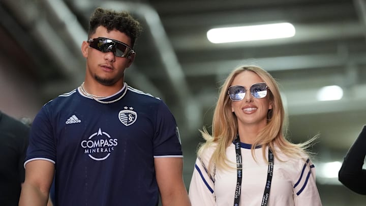 Apr 13, 2024: Patrick Mahomes and his wife Brittany arrive for a match between Inter Miami CF at Sporting Kansas City at Children's Mercy Park. 