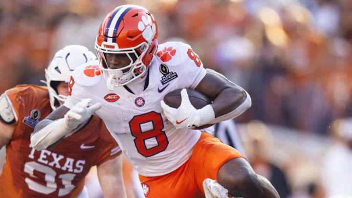 Dec 21, 2024; Austin, Texas, USA; Clemson Tigers wide receiver Adam Randall (8) against the Texas Longhorns during the CFP National playoff first round at Darrell K Royal-Texas Memorial Stadium. Mandatory Credit: Mark J. Rebilas-Imagn Images