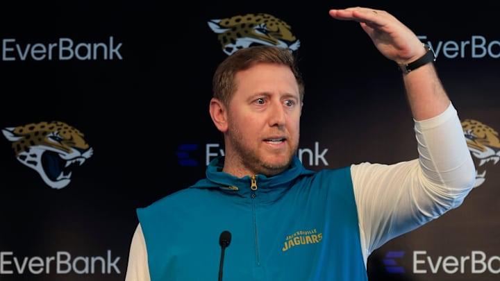 Jacksonville Jaguars head coach Liam Coen speaks during a press conference at Miller Electric Center Wednesday, April 9, 2025 in Jacksonville, Fla. [Corey Perrine/Florida Times-Union]