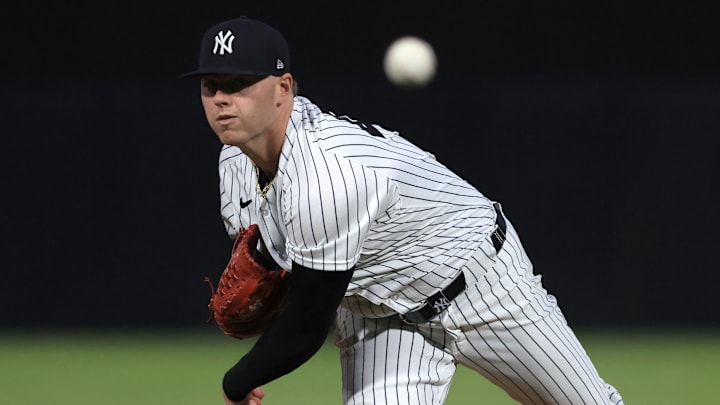 Feb 25, 2026; Tampa, Florida, USA; New York Yankees starting pitcher Ryan Weathers (40) throws a pitch during the first inning against the against the Washington Nationals at George M. Steinbrenner Field. Mandatory Credit: Kim Klement Neitzel-Imagn Images