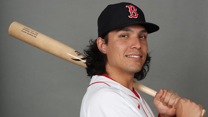Feb 17, 2026; Lee County, FL, USA; Boston Red Sox catcher Anthony Seigler (48) poses for a photo during media day at JetBlue Park. Mandatory Credit: Kim Klement Neitzel-Imagn Images
