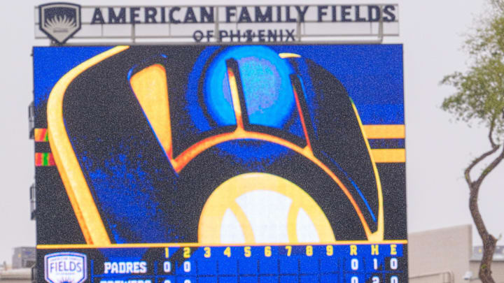 A detailed view as play is cancelled on account of rain during a spring training game between the San Diego Padres and Milwaukee Brewers at American Family Fields of Phoenix on March 7.
