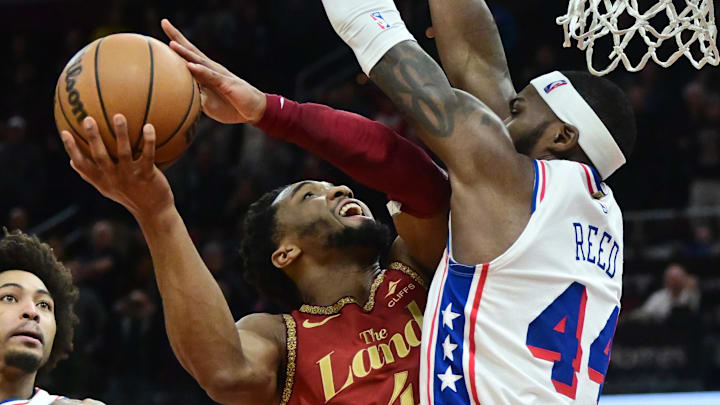 Feb 12, 2024; Cleveland, Ohio, USA; Cleveland Cavaliers guard Donovan Mitchell (45) drives to the Feb 12, 2024; Cleveland, Ohio, USA; Cleveland Cavaliers guard Donovan Mitchell (45) drives to the