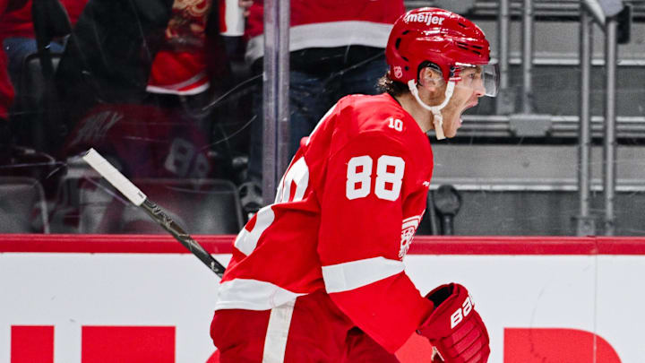 Mar 16, 2026; Detroit, Michigan, USA; Detroit Red Wings right wing Patrick Kane (88) celebrates his goal during the second period against the Calgary Flames at Little Caesars Arena. Mandatory Credit: Tim Fuller-Imagn Images