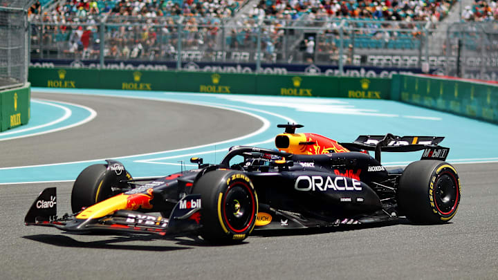May 4, 2024; Miami Gardens, Florida, USA; Red Bull Racing driver Max Verstappen (1) goes into turn 2 during the F1 Sprint Race at Miami International Autodrome. Mandatory Credit: Peter Casey-Imagn Images May 4, 2024; Miami Gardens, Florida, USA; Red Bull Racing driver Max Verstappen (1) goes into turn 2 during the F1 Sprint Race at Miami International Autodrome. Mandatory Credit: Peter Casey-Imagn Images