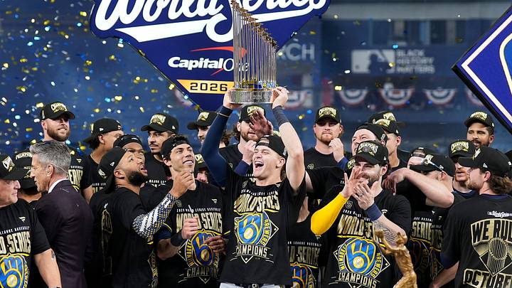 Milwaukee Brewers celebrate with the Commissioner's Trophy during the Awards Ceremony after defeating the Tampa Bay Rays to win the 2026 World Series at Tropicana Field in St. Petersburg, Fla. on Oct 28, 2026. Milwaukee Brewers celebrate with the Commissioner's Trophy during the Awards Ceremony after defeating the Tampa Bay Rays to win the 2026 World Series at Tropicana Field in St. Petersburg, Fla. on Oct 28, 2026.