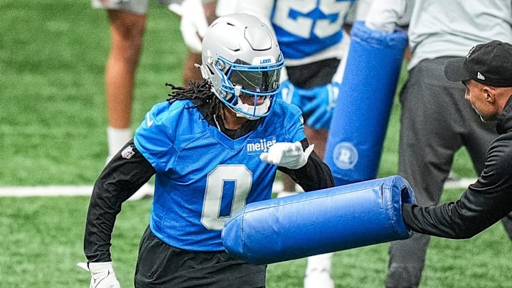 Detroit Lions running back Jahmyr Gibbs (0).
