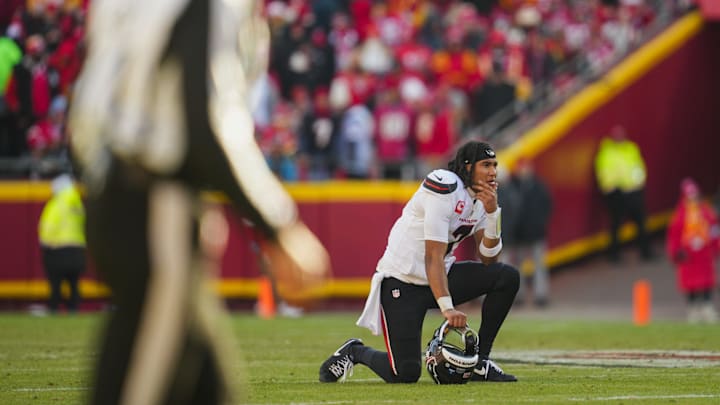 Houston Texans quarterback Stroud reacts after an injury to wide receiver Dell (not pictured) during the second half against the Kansas City Chiefs.