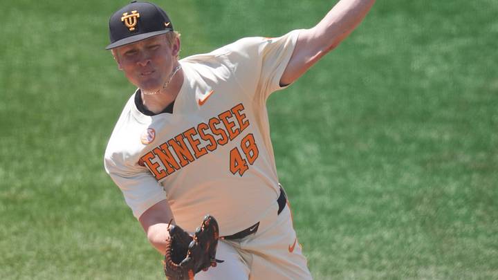 Tennessee's Chandler Day (48) pitches against Texas in an NCAA college baseball game on May 10, 2026, in Knoxville, Tennessee.