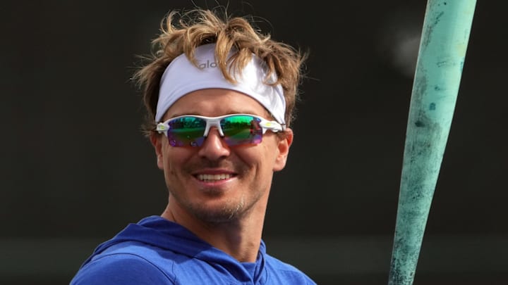 Feb 13, 2025; Glendale, AZ, USA; Los Angeles Dodgers infielder Kike Hernandez looks on during a Spring Training workout at Camelback Ranch Mandatory Credit: Joe Camporeale-Imagn Images Feb 13, 2025; Glendale, AZ, USA; Los Angeles Dodgers infielder Kike Hernandez looks on during a Spring Training workout at Camelback Ranch Mandatory Credit: Joe Camporeale-Imagn Images