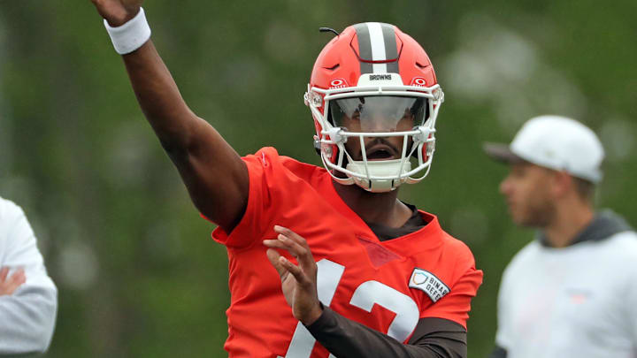 Cleveland Browns quarterback Shedeur Sanders (12) participates in position drills during an NFL practice at the Cleveland Browns training facility on Wednesday, May 28, 2025, in Berea, Ohio.