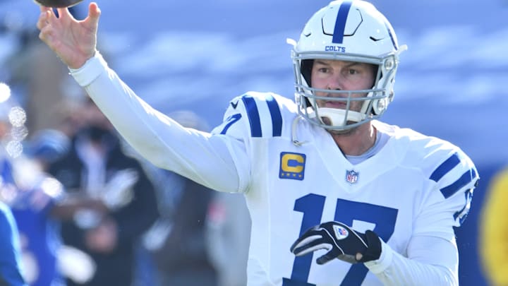 Jan 9, 2021; Orchard Park, New York, USA; Indianapolis Colts quarterback Philip Rivers (17) warms up prior to a playoff game against the Buffalo Bills at Bills Stadium. Jan 9, 2021; Orchard Park, New York, USA; Indianapolis Colts quarterback Philip Rivers (17) warms up prior to a playoff game against the Buffalo Bills at Bills Stadium.